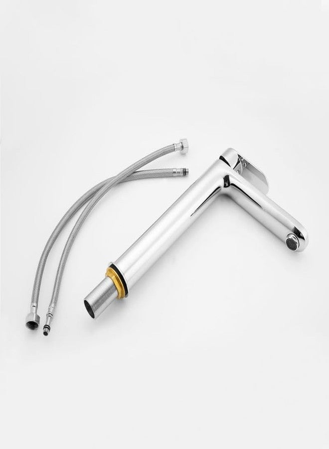 SPAZIO صنبور حوض/خلاط حوض من النحاس الأصفر ذو ذراع واحد/عمودي من Spazio، مقاس 12 بوصة، مطلي بالكروم، للماء الساخن والبارد، مع خراطيم مضفرة بطول 450 مم، صنبور خلاط حوض (نوع تركيب على سطح الحوض). - Image 5